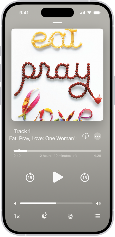 ऑडियोबुक प्लेयर स्क्रीन, जो ऊपर से नीचे तक, ऑडियोबुक कवर, चल रहे अनुभाग का नाम, प्लेहेड, पॉज़ बटन तथा आगे और पीछे जाएँ बटन दिखाती है। नीचे की ओर वॉल्यूम स्लाइडर है और उसके नीचे प्लेबैक गति कंट्रोल करने, स्लीप टाइमर सेट करने, प्लेबैक गंतव्य चुनने और किताब ट्रैक की सूची देखने के लिए बटन हैं।