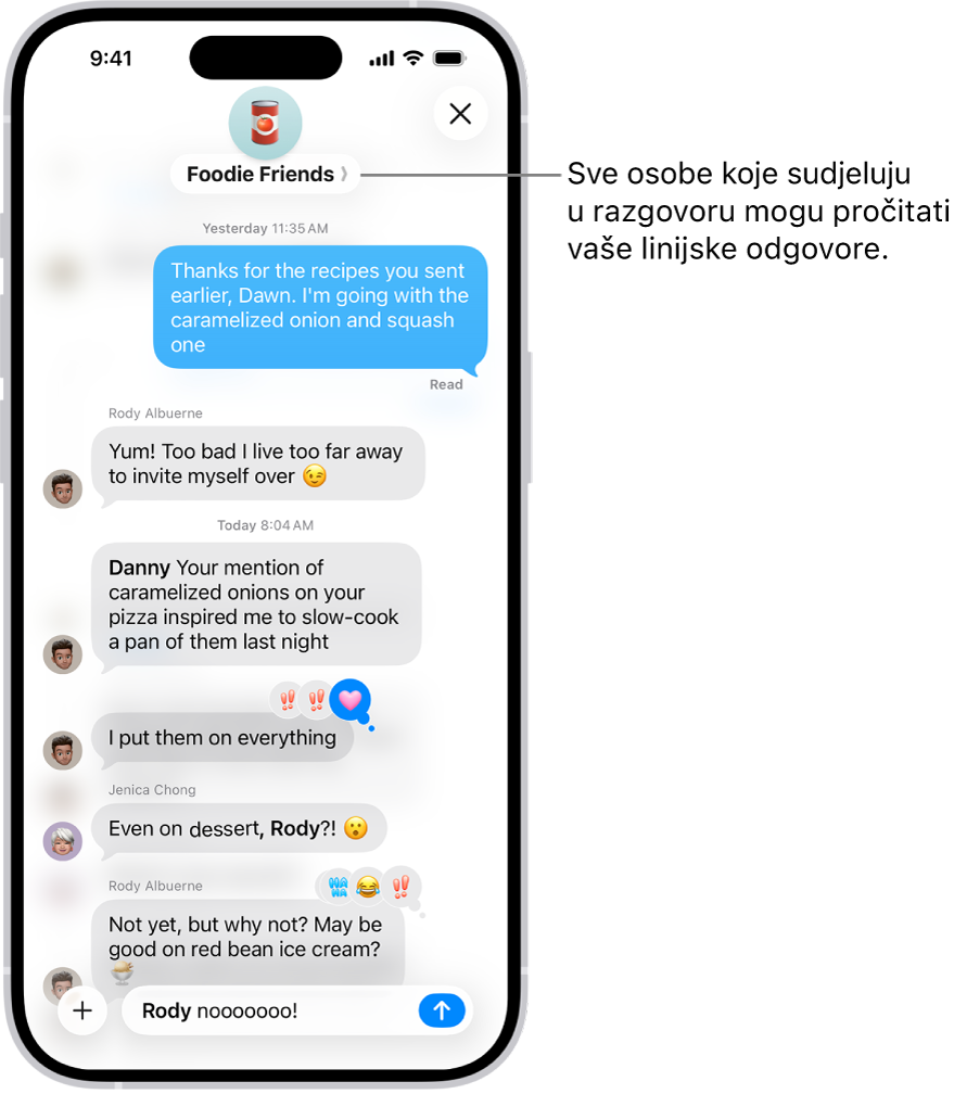 Sastavljanje linijskog odgovora unutar grupnog razgovora u aplikaciji Poruke. Spominje se druga osoba u razgovoru, tako da se njeno ime pojavljuje podebljano.