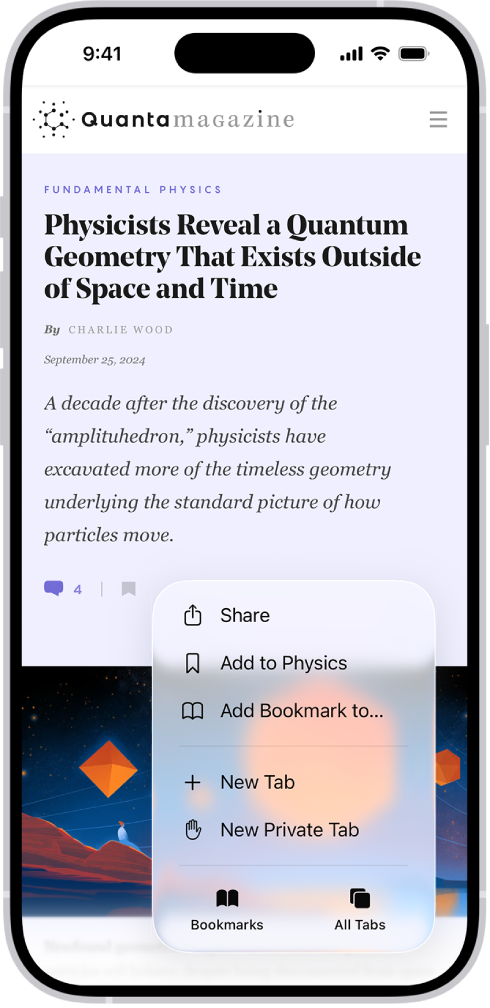 Zaslon Knjižne oznake i Sve kartice u aplikaciji Safari s opcijama dijeljenja, dodavanja u određenu mapu, dodavanju u mapu po vašem izboru, dodavanja u novu karticu i dodavanja nove privatne kartice.