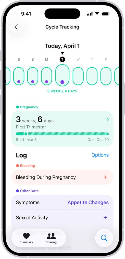 Zaslon Praćenje ciklusa koji prikazuje vremensku liniju trudnoće za tjedan dana na vrhu zaslona. Svjetlozeleni ovali i ljubičaste točke označavanju prvih 5 dana u vremenskoj liniji. Isprekidani svjetlozeleni ovali označavaju druge dane u vremenskoj liniji. Ispod vremenske linije nalazi se sažetak trudnoće s prikazom gestacijske dobi, datuma početka trudnoće i procijenjenog datuma termina poroda. Ispod sažetka trudnoće nalaze se opcije za dodavanje informacija o krvarenju tijekom trudnoće, simptomima i ostalom.