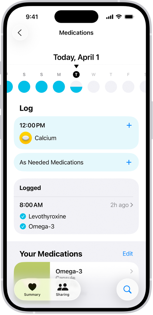 Zaslon Lijekovi u aplikaciji Zdravlje prikazuje vremensku liniju i dnevnik za lijekove.