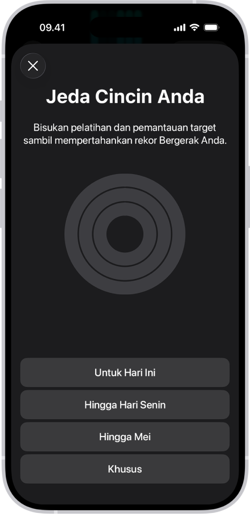 Layar Jeda Cincin Anda di Kebugaran, yang menampilkan pilihan untuk menjeda cincin Aktivitas.