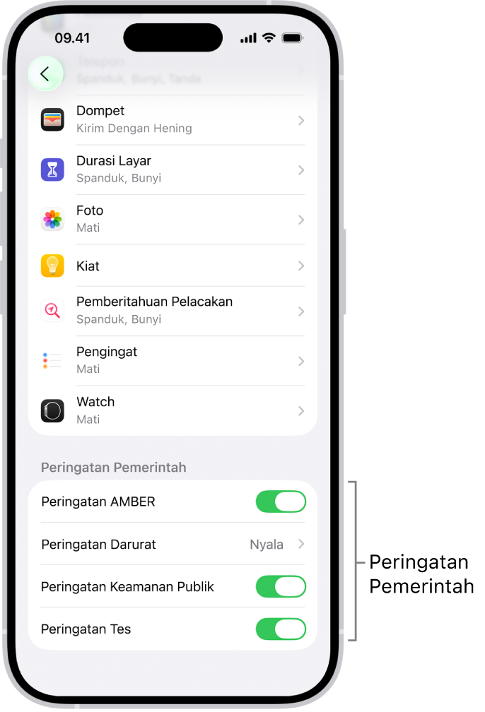 Layar Pemberitahuan, menampilkan Peringatan Pemerintah yang dapat Anda nyalakan untuk menerima peringatan pemerintah.