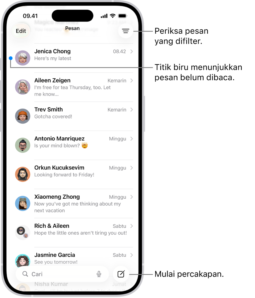 Daftar percakapan Pesan, dengan tombol Tulis di kanan bawah. Titik biru di sebelah kiri pesan menunjukkan pesan belum dibaca.