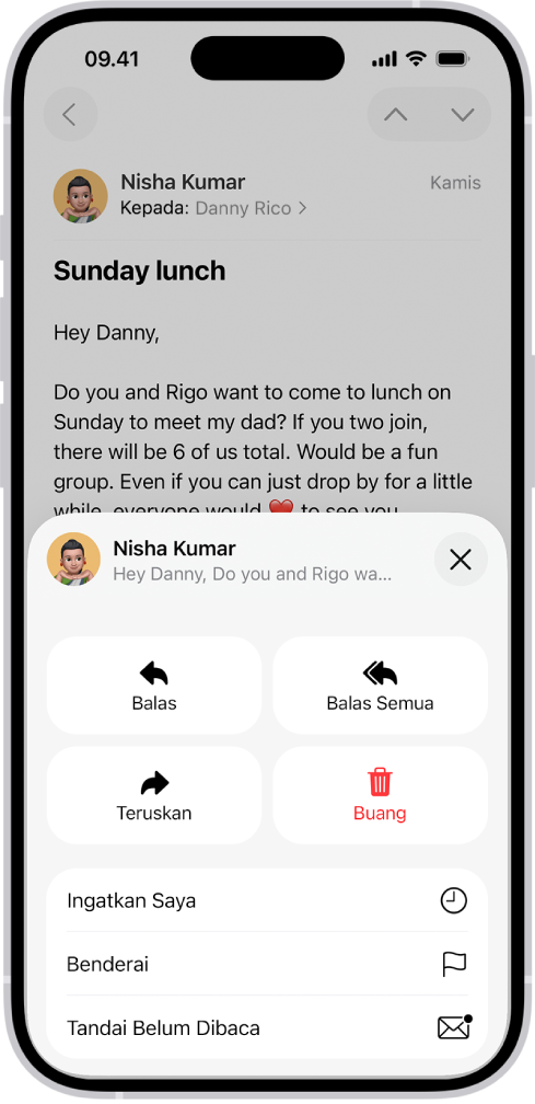 Email menampilkan opsi balasan. Di sepanjang bagian tengah layar, dari kiri ke kanan, terdapat Balas, Balas Semua, Teruskan, dan Tong Sampah.