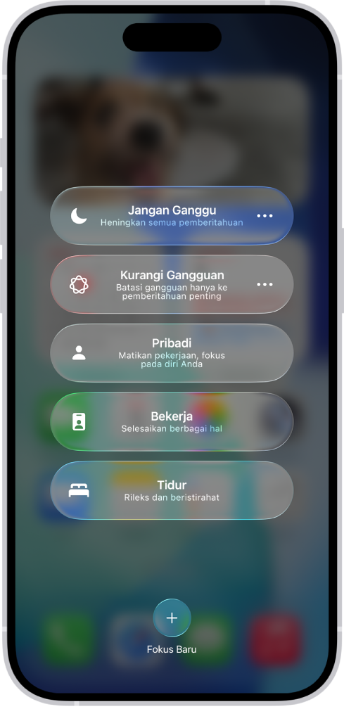Pusat Kontrol menampilkan pilihan Fokus, dengan tombol untuk mengatur durasi pilihan Fokus.