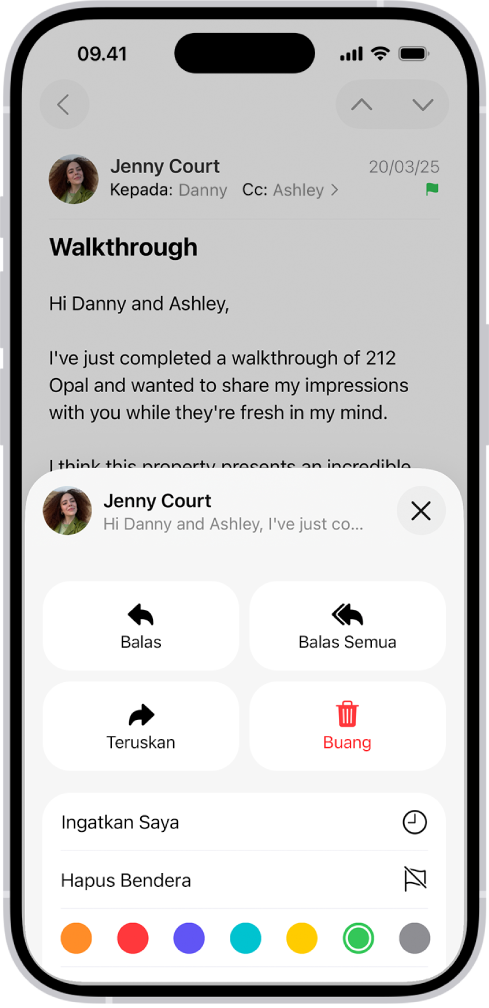 Pesan menampilkan pilihan balasan di setengah bawah layar, termasuk tombol Hapus Bendera dan pilihan warna untuk bendera.