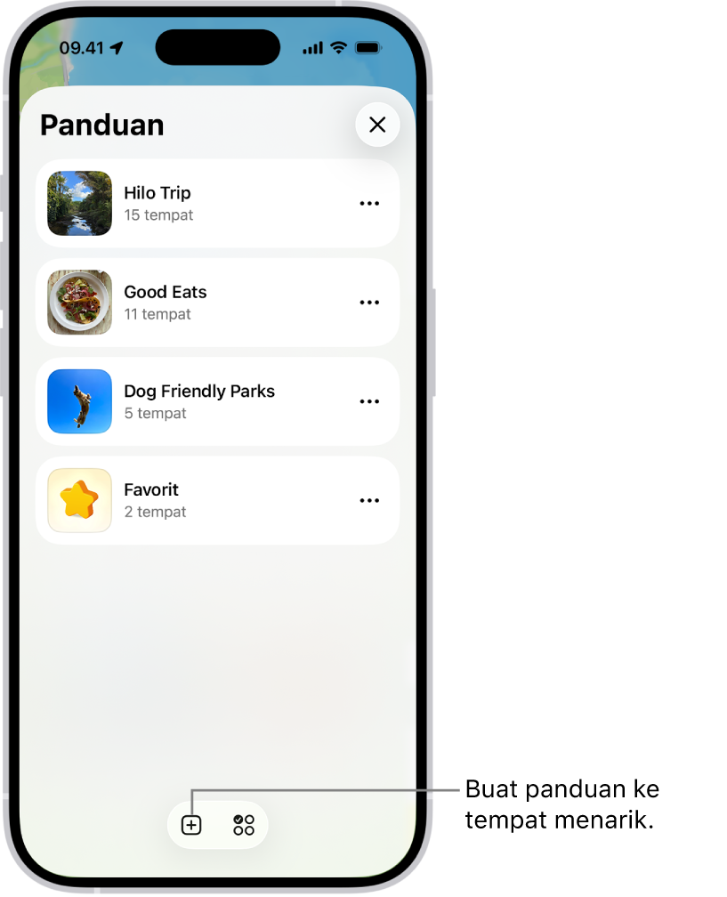 Daftar beberapa panduan khusus di Peta, termasuk kategori Favorit, dan tombol Panduan di kanan bawah.