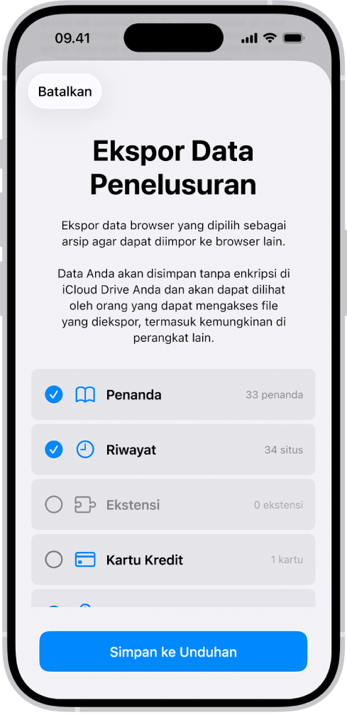 Layar Ekspor Data Penelusuran, yang menampilkan data yang dapat Anda ekspor dari Safari ke browser lain.