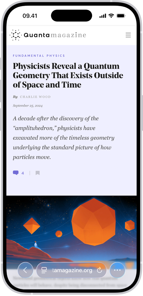 Situs web yang dibuka di Safari, dengan tata letak tab Ringkas. Di bagian bawah, dari kiri ke kanan, terdapat tombol Kembali, tombol menu Halaman, bidang pencarian, tombol Muat Ulang, dan tombol Lainnya.