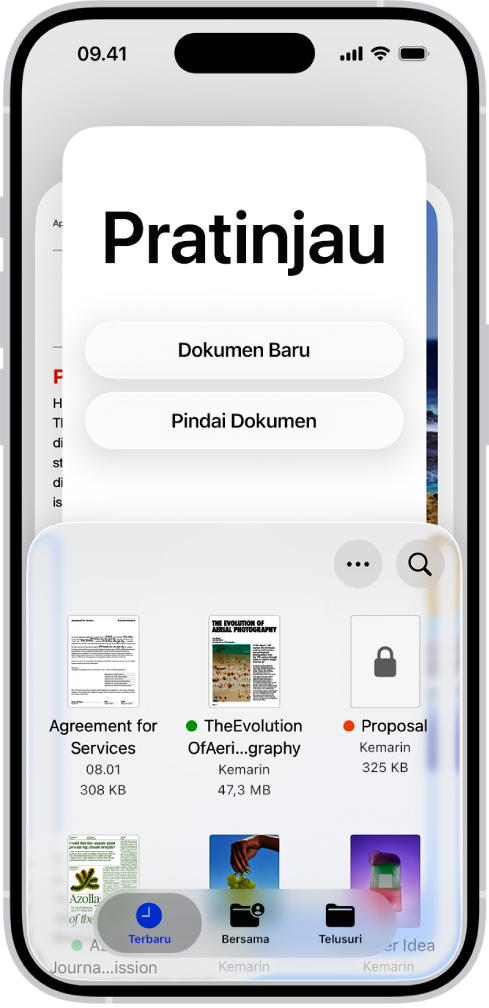 Layar utama app Pratinjau. Tombol Dokumen Baru dan Pindai Dokumen ada di bagian tengah layar. Di bagian bawah layar terdapat tab Terbaru, Bersama, dan Telusuri.