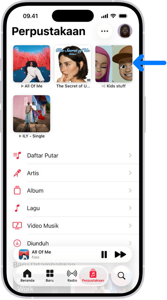 Tab Perpustakaan dengan panah yang menunjuk ke item yang dipin, seperti lagu, album, dan daftar putar, di bagian atas.