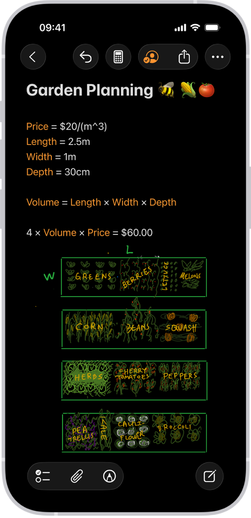 Una note matematiche aperta in Calcolatrice, con variabili dichiarate, equazioni e un disegno del problema matematico.