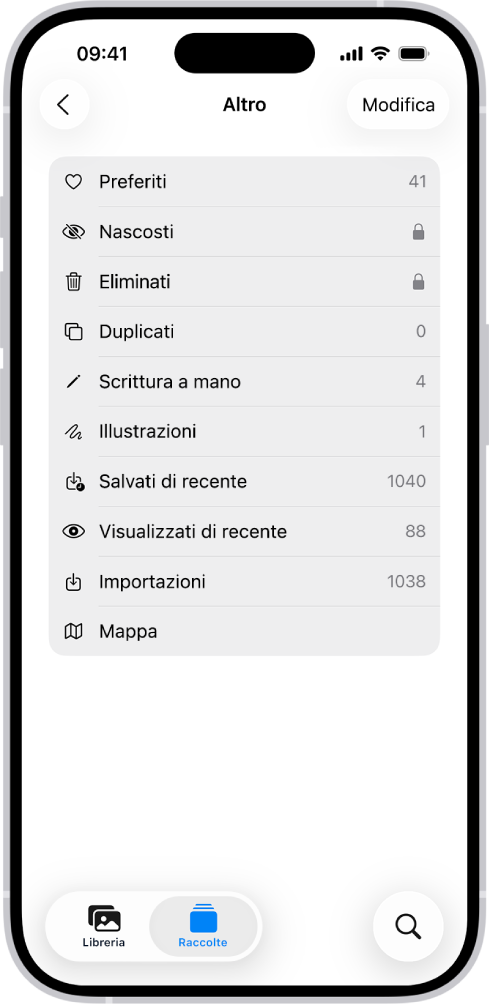 Nell’app Foto, la raccolta Altro è aperta e mostra un elenco di raccolte di foto.