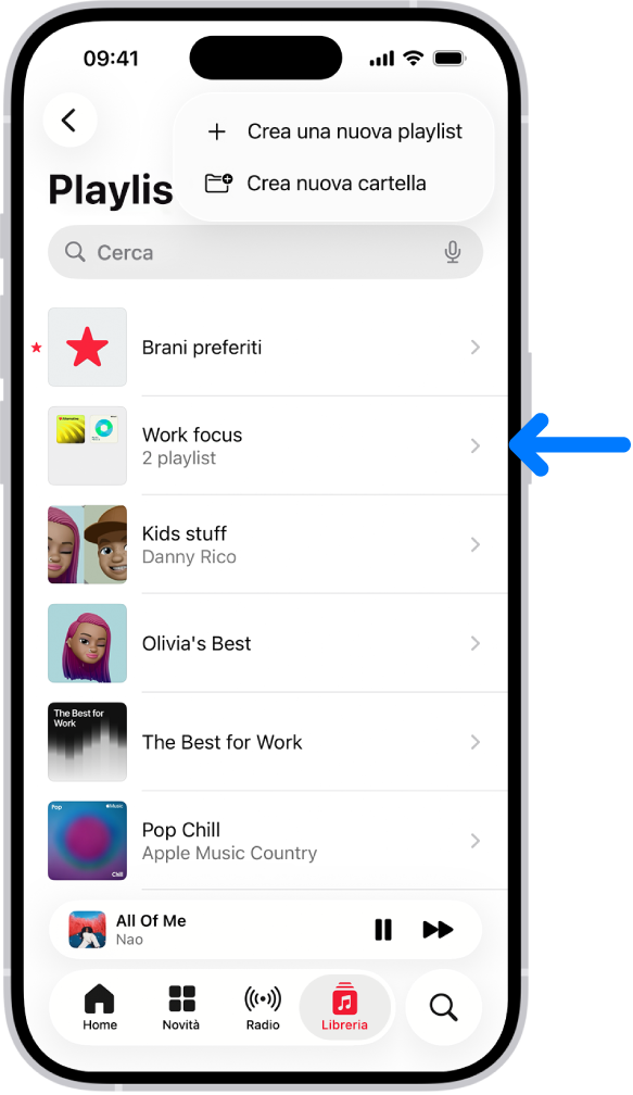 Il pannello Libreria con l’elenco di playlist. Nella parte superiore sono visualizzati i pulsanti per creare una nuova playlist o una nuova cartella. Una freccia blu indica la cartella di una playlist denominata “Full immersion lavoro”.