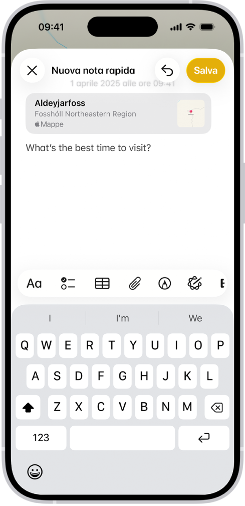 Una nota rapida che mostra un link a una posizione in Mappe e un testo sotto di esso. Il pulsante Salva si trova in alto a sinistra.