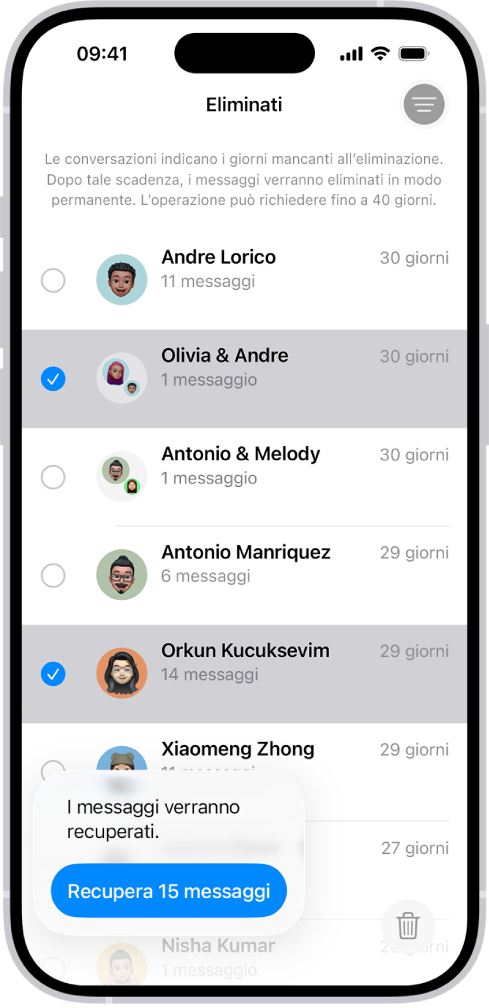 L’azione di recupero di tutti i messaggi eliminati all’interno di due conversazioni.