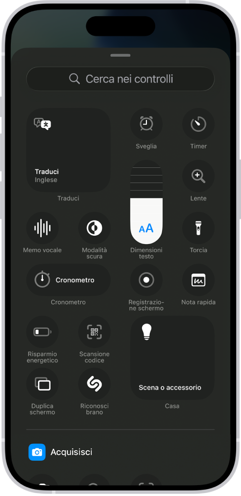 La galleria dei controlli, che mostra i controlli disponibili per Centro di Controllo.