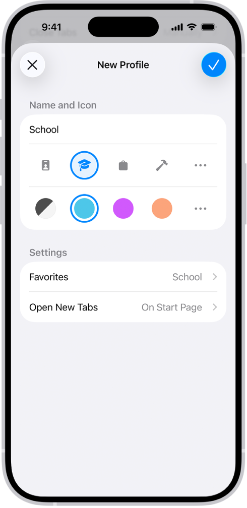 Жаңа профильді баптауды көрсетіп тұрған iPhone экраны. Опциялар белгішені, түсті, бетбелгілер қалтасын және жаңа қойындылар ашылатын бетті қамтиды.