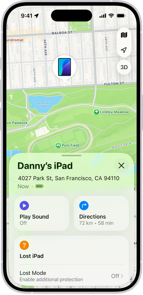ಸ್ಕ್ರೀನ್ನ ಮೇಲ್ಭಾಗದಲ್ಲಿರುವ ನಕ್ಷೆಯಲ್ಲಿ iPadನ ಸ್ಥಳವನ್ನು ತೋರಿಸುತ್ತಿರುವ ಹುಡುಕಿ ಆ್ಯಪ್ನ ಸ್ಕ್ರೀನ್.
