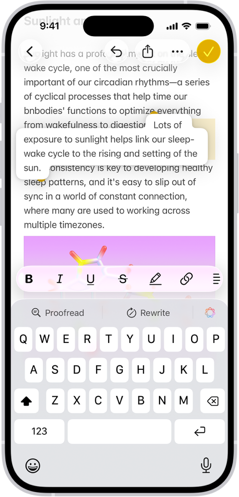 ಟಿಪ್ಪಣಿ ಆ್ಯಪ್ನಲ್ಲಿ ಒಂದು ಡಾಕ್ಯುಮಂಟ್ ತೆರೆದಿದೆ. ಆನ್ಸ್ಕ್ರೀನ್ ಕೀಬೋರ್ಡ್ ಸ್ಕ್ರೀನ್ ಕೆಳ ಅರ್ಧಭಾಗದಲ್ಲಿರುತ್ತದೆ. ಆಯ್ಕೆ ಮಾಡಿದ ಪಠ್ಯವನ್ನು ಡಾಕ್ಯುಮಂಟ್ನ ಒಳಗೆ ಹೊಸ ಸ್ಥಳಕ್ಕೆ ಮೂವ್ ಮಾಡುವುದಕ್ಕಾಗಿ ಮೇಲೆತ್ತಲಾಗಿದೆ.
