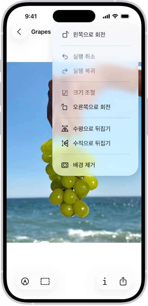 전경에 포도가 있는 이미지가 표시된 화면. 메뉴에 배경 제거 옵션이 표시됨. 화면 하단에 마크업, 자르기, 정보, 공유 버튼이 있음.