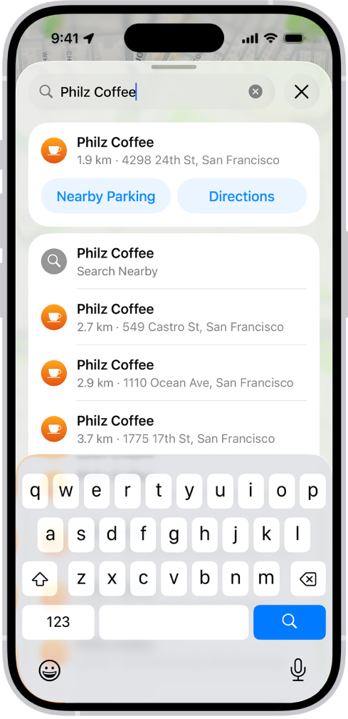 Vieta įvedama į „Žemėlapių“ paieškos lauką, o rezultatai pateikiami toliau.