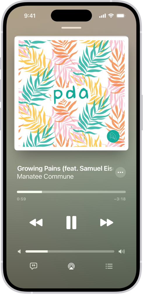 Užrakintame ekrane rodomas albumo viršelis ir po juo nuotolinio įrenginio muzikos atkūrimo valdikliai.