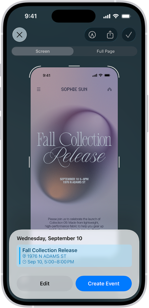 Renginio skrajutė, atidaryta naudojant „Visual Intelligence“. Ekrano apačioje rodomas kalendoriaus įvykis su mygtukais jį redaguoti ir sukurti.