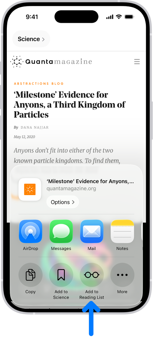 Programoje „Safari“ bakstelėtas tinklalapio mygtukas „Bendrinti“, rodomas parinkčių sąrašas, įskaitant „Įtraukti į skaitymo sąrašą“.