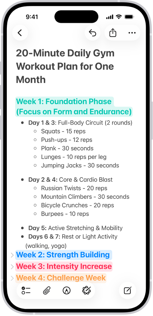 Piezīme lietotnē Notes ar sakļaujamām galvenēm ekrāna augšdaļā.