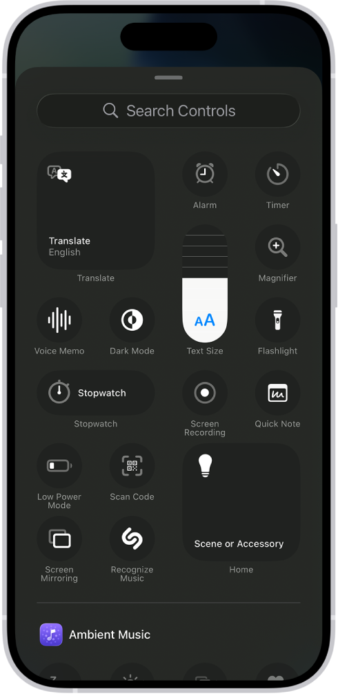 Controls galerija, kurā ir redzamas visas pieejamās Control Center vadīklas.