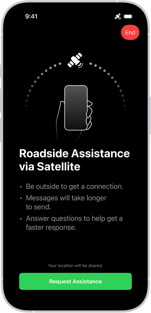 Ekrāns Roadside Assistance Via Satellite. Ekrāna apakšdaļā ir redzama poga Roadside Assistance.