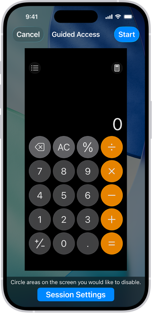 iPhone ekrānā redzama funkcijas Guided Access iestatīšana. iPhone tālrunis tiek īslaicīgi bloķēts, atļaujot tikai lietotni Calculator, un viena no pogām lietotnē ir atspējota.