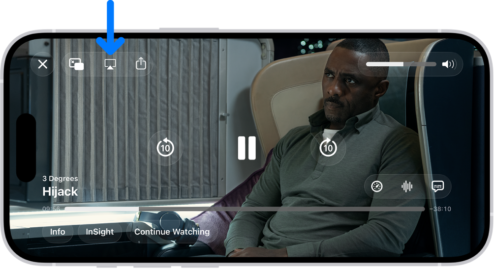 Filma, kas tiek atskaņota iPhone ekrānā. Ekrāna vidū ir atskaņošanas vadības elementi. Augšējā kreisajā stūrī atrodas poga AirPlay.