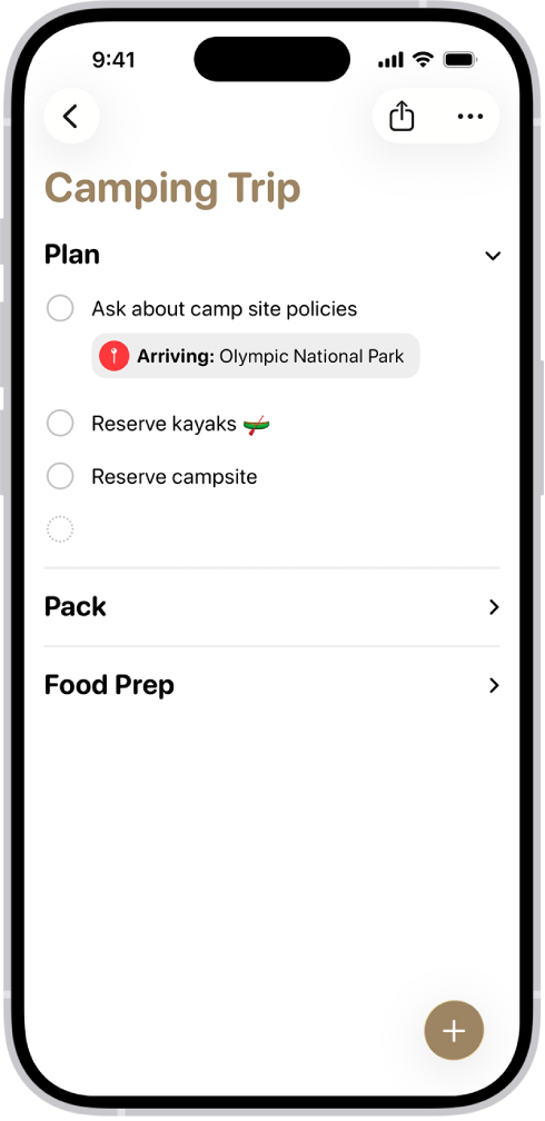 Lietotne Reminders, kurā redzams saraksts ar vienu izvērstu sadaļu un pārējām sakļautām.