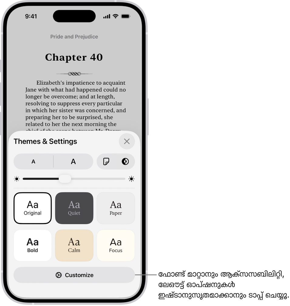 പുസ്തകങ്ങൾ ആപ്പിലെ ഒരു പുസ്തകത്തിന്റെ ഒരു പേജ്. ‘തീമുകളും ക്രമീകരണവും’ ഓപ്ഷനുകൾ ഫോണ്ട് വലിപ്പം, സ്ക്രോളിങ് കാഴ്ച, പേജ് മറിക്കൽ സ്റ്റൈൽ, ബ്രൈറ്റ്നസ്, ഫോണ്ട് സ്റ്റൈൽ എന്നിവയ്ക്കുള്ള നിയന്ത്രണങ്ങൾ കാണിക്കുന്നു.