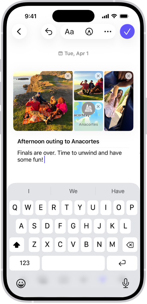Skrin dalam app Jurnal menunjukkan foto dan catatan yang sedang ditulis.