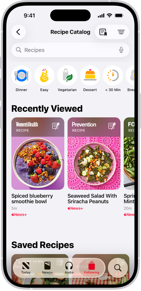 Apple News+ ထဲရှိ Recipe Catalog။