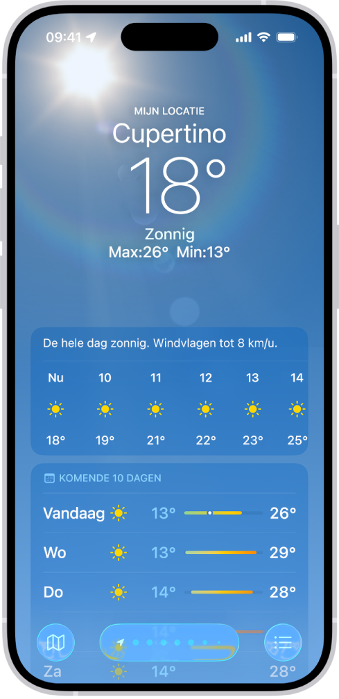 De Weer-app met van boven naar beneden de locatie, de huidige temperatuur, de maximum- en minimumtemperatuur voor die dag, de weersverwachting per uur en de eerste paar dagen van de weersverwachting voor de komende 10 dagen. Een rij stippen middenonderin geeft andere locaties in de lijst met locaties aan. Rechtsonderin staat de knop 'Locatielijst' en linksonderin de knop 'Toon kaart'.