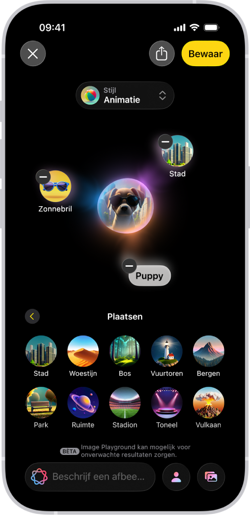 Het venster van de Image Playground-app, met een gegenereerde afbeelding van een hond die een zonnebril draagt.