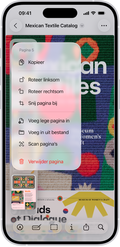 Een pdf-catalogus met aan de linkerkant miniaturen. De laatste miniatuur is gemarkeerd. Erboven staat een menu met de opties 'Kopieer', 'Roteer linksom', 'Roteer rechtsom', 'Snij pagina bij', 'Voeg lege pagina in', 'Voeg in uit bestand', 'Scan pagina's' en 'Verwijder pagina'.