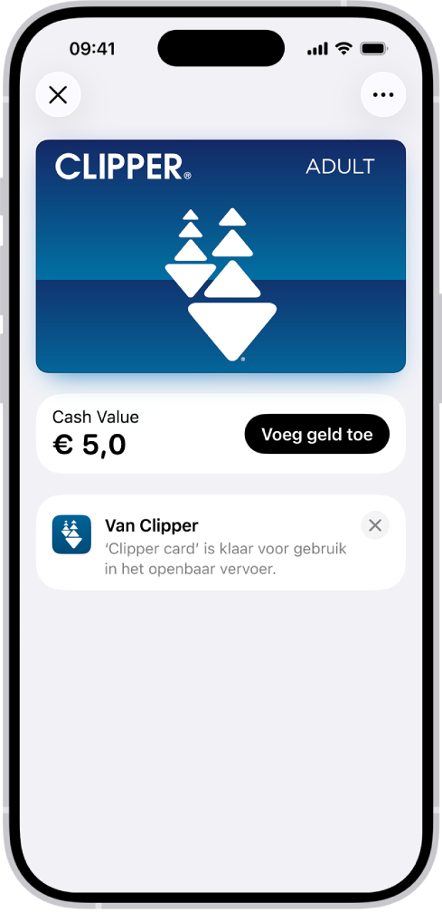 Een ov-kaart in de Wallet-app met het saldo in de account en de knop 'Voeg geld toe'.