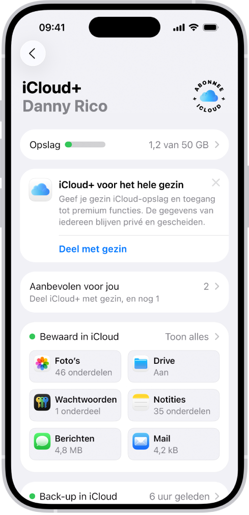 Het scherm met iCloud-instellingen, met de iCloud-opslagmeter en een lijst met functies, zoals Foto's, iCloud Drive en Back‑up in iCloud, die met iCloud kunnen worden gebruikt.