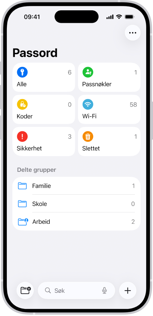 Hjem-skjermen for Passord-appen med knapper for Alle, Passnøkler, Verifiseringskoder, Wi-Fi, Sikkerhet og Slettet, og med en liste over Delte grupper.