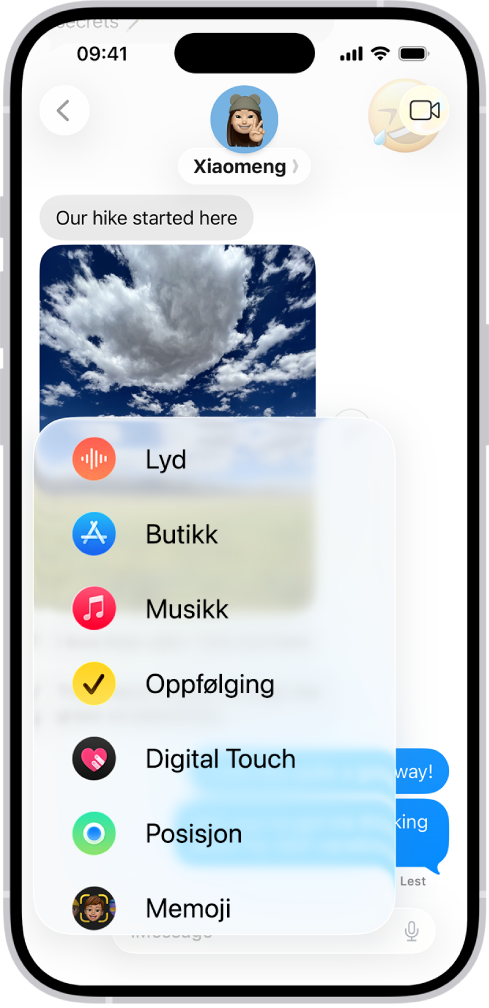 Legg til-menyen i Meldinger på iPhone viser flere iMessage-funksjoner: lydmeldinger, App Store, GIF-bilder, Oppfølging, Digital Touch, deling av posisjon og Memoji.
