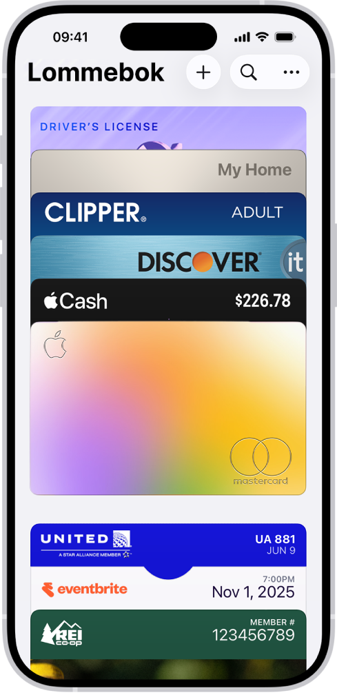 Lommebok-skjermen, med flere betalingskort og billetter.