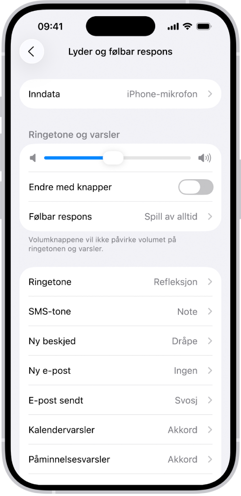 Lyd og følbar respons-skjermen i Innstillinger.