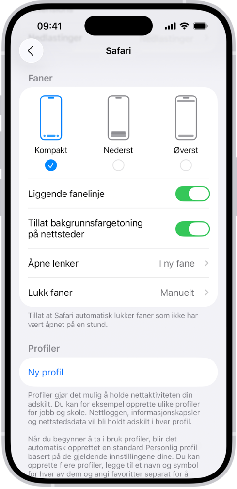 En skjerm med tre layoutvalg for Safari: Kompakt, Nederst og Øverst.