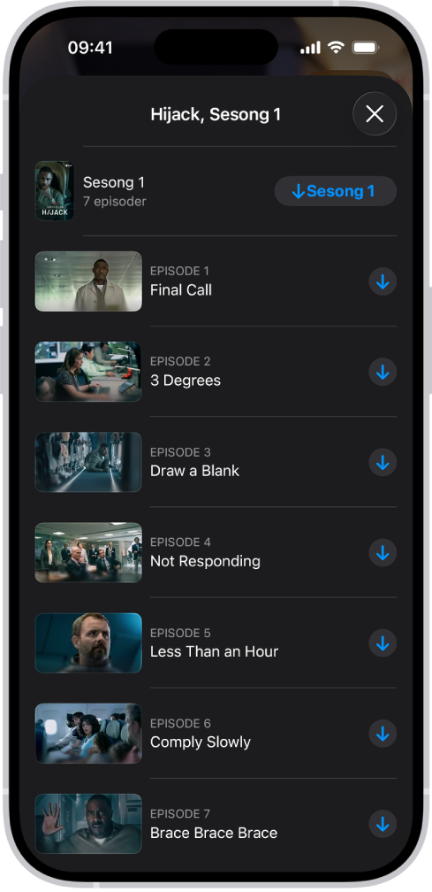 Apple TV-fanen viser en liste med episoder av en Apple Original- Knapper for å laste ned hele sesonger og enkeltepisoder vises til høyre på skjermen.